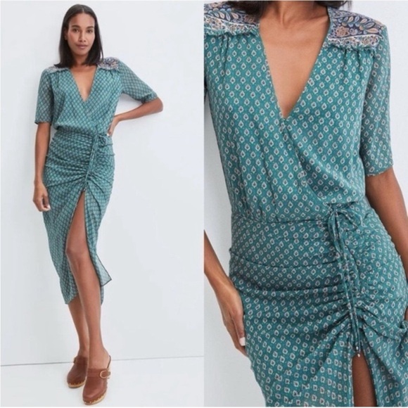 NWT Veronica Beard Mariposa Dress Ruched Silk Geometric Midi Sz 0 - Picture 1 of 16